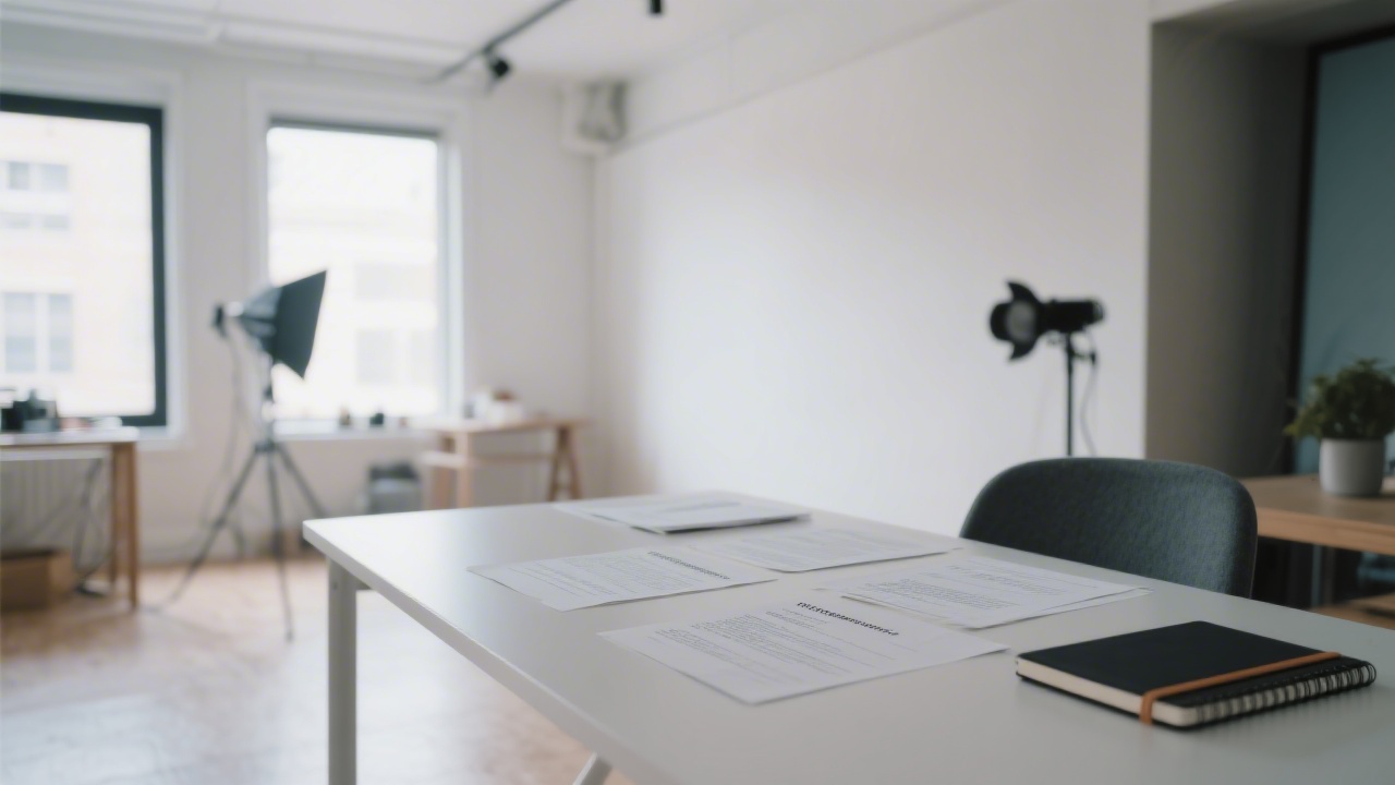 Modern studio space with a clean table, content briefs, and a notebook, conveying a focused and lightweight approach to editorial planning.