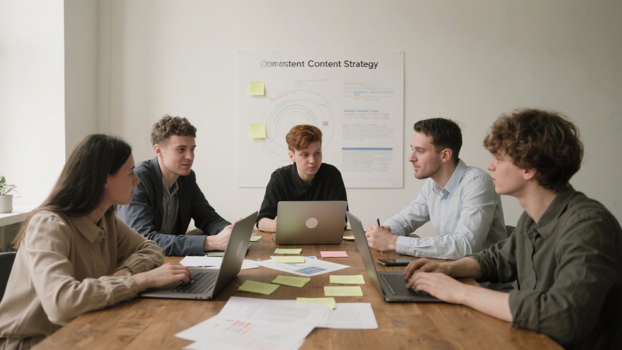 Small team meeting around a table with laptops and printed research notes, illustrating a collaborative planning session for a content strategy.