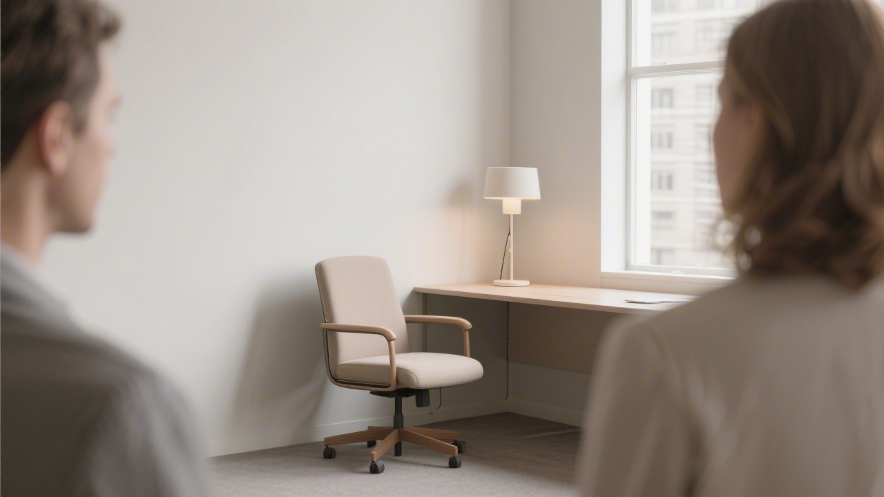 Minimal office corner with a chair, desk lamp, and neutral decor, representing a calm meeting space for consulting conversations.