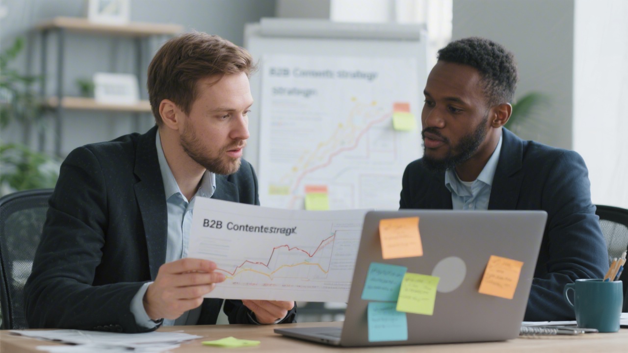 Two professionals discussing a content roadmap over a laptop with printed notes, highlighting collaborative planning for a B2B content strategy.