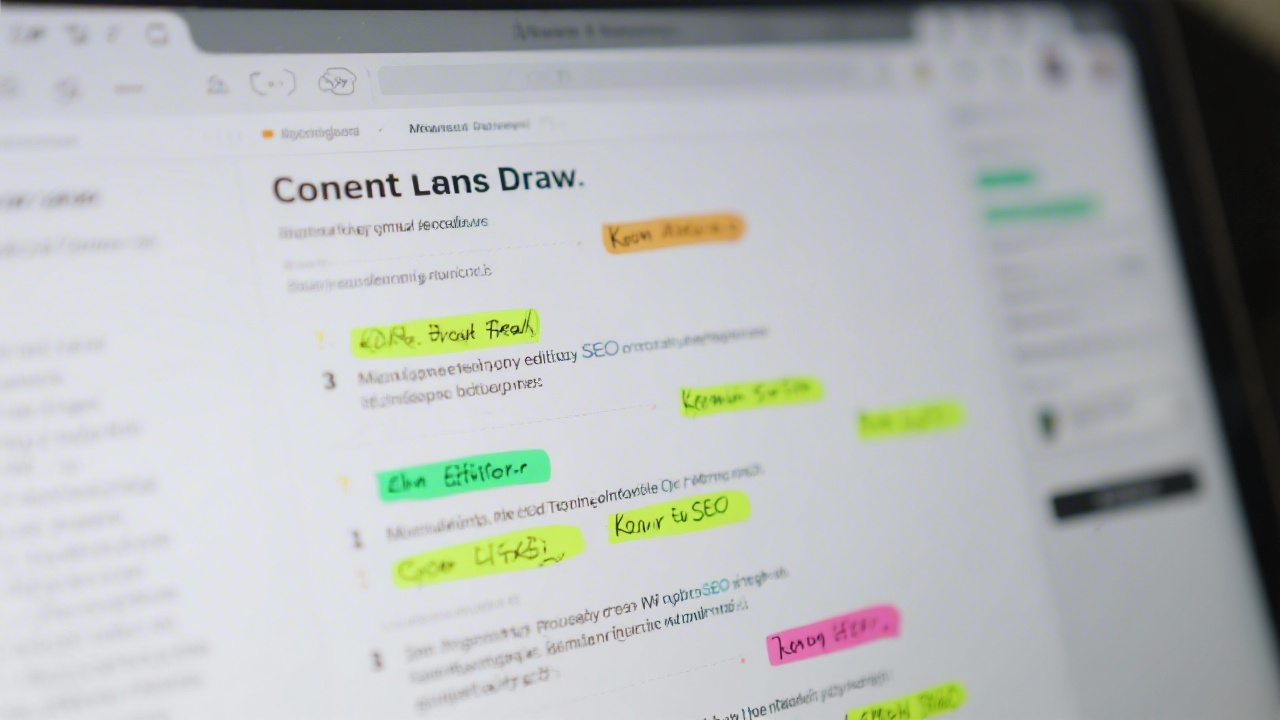 Close-up of a content draft on a screen with highlighted headings, bullet points, and keyword notes, demonstrating careful editorial SEO preparation.