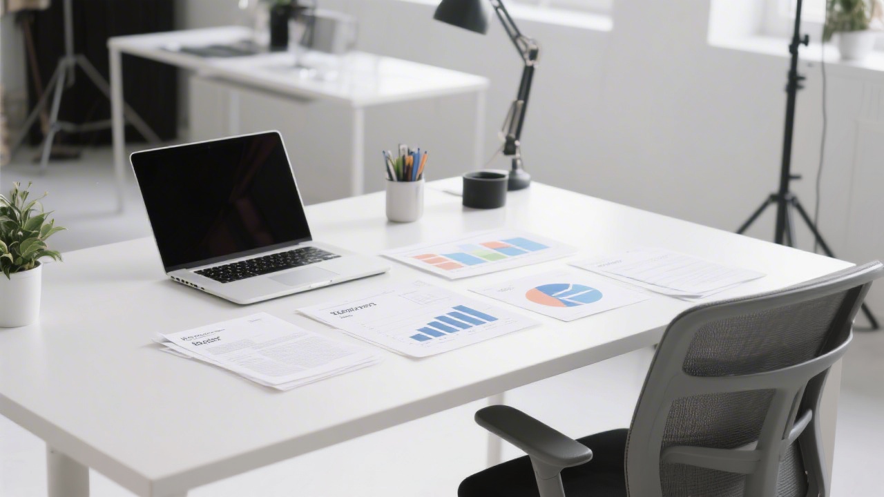 Bright editorial-style workspace with a laptop, printed briefs, and analytics charts on a clean desk, suggesting a focused content planning session in a modern studio environment.