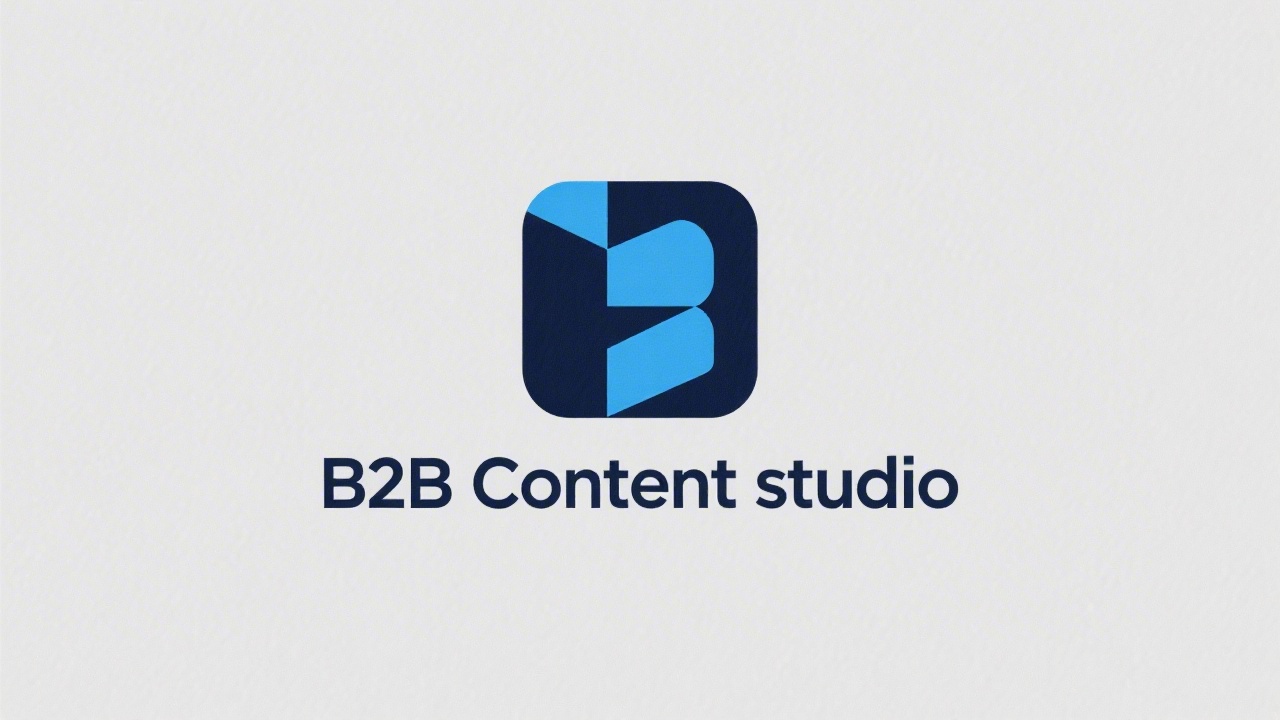 Simple geometric logo combining a clean wordmark with a minimal square icon in navy and blue, designed for a modern B2B content studio.