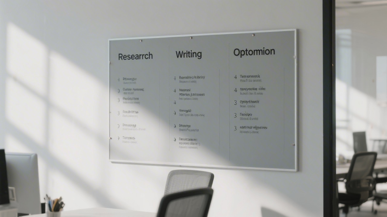A wall-mounted planning board with three columns showing research, writing, and optimization steps, photographed in a calm office setting with soft daylight.