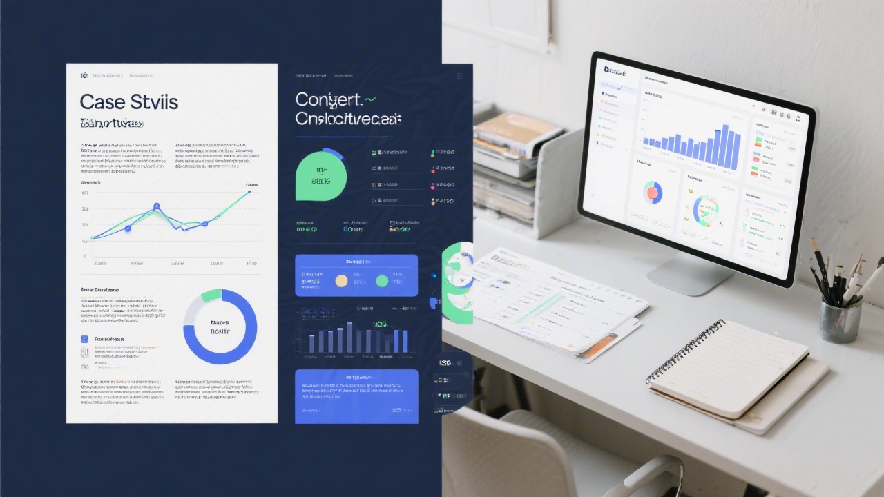 Editorial collage of printed case study pages, analytics dashboards, and a notebook, showcasing a structured content portfolio in a tidy studio environment.