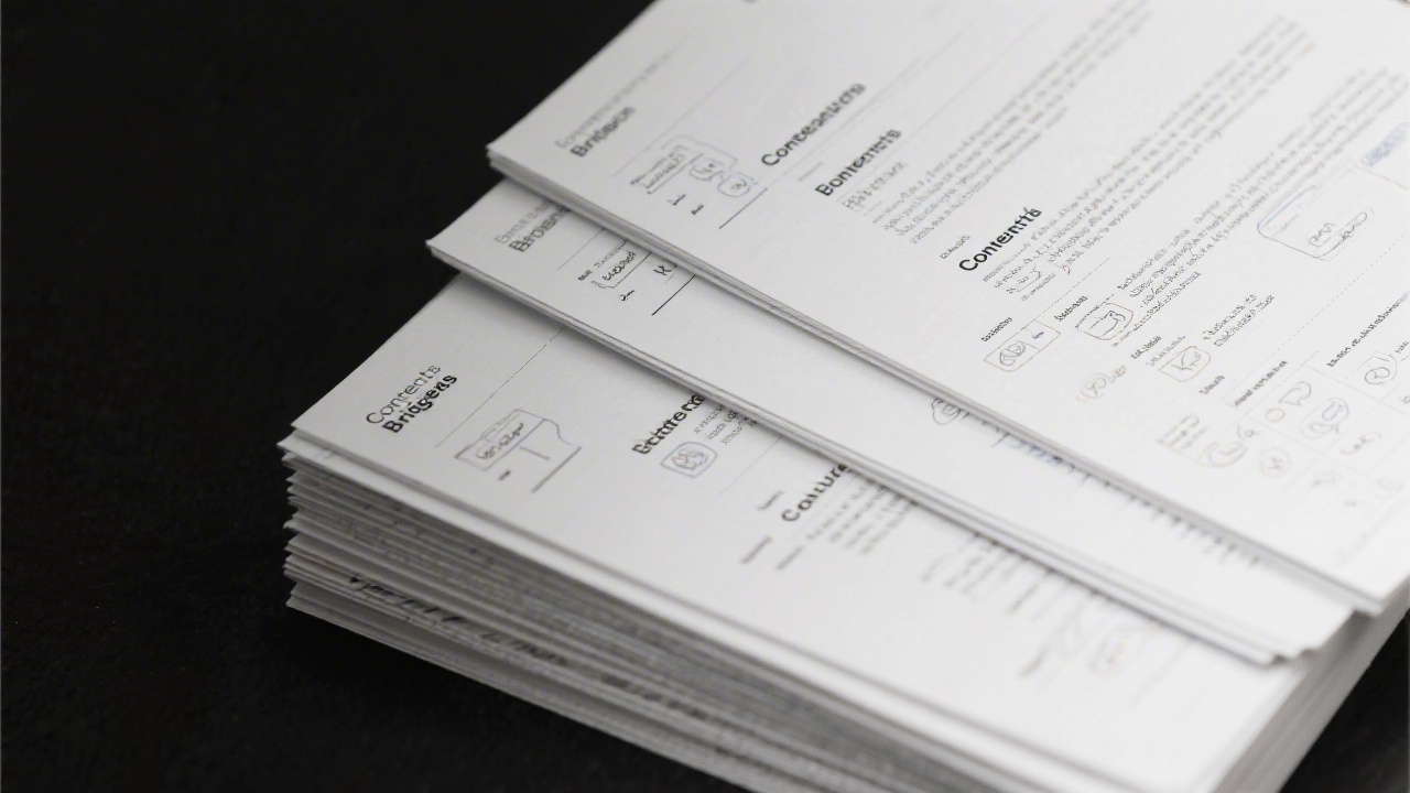 Stack of printed content briefs with clear headings and annotations, illustrating structured deliverables ready for client review and publication.