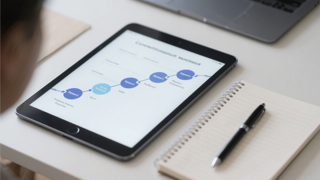 Content production workflow diagram on a tablet next to a notebook and pen, showing stages from research to publishing in a clean workspace.